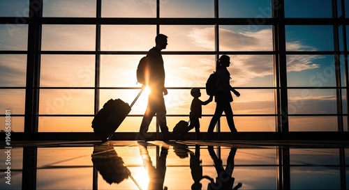 Family travel silhouette of travelers at airport window with stunning sunset view