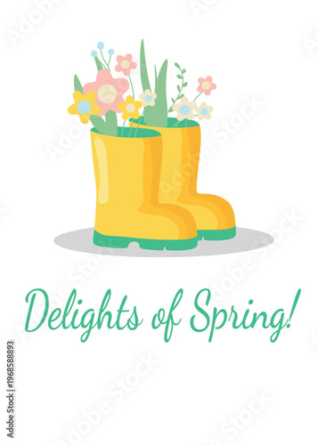 Spring wellies with flowers and "Delights of Spring!" quote, pastel greeting card on canvas texture.