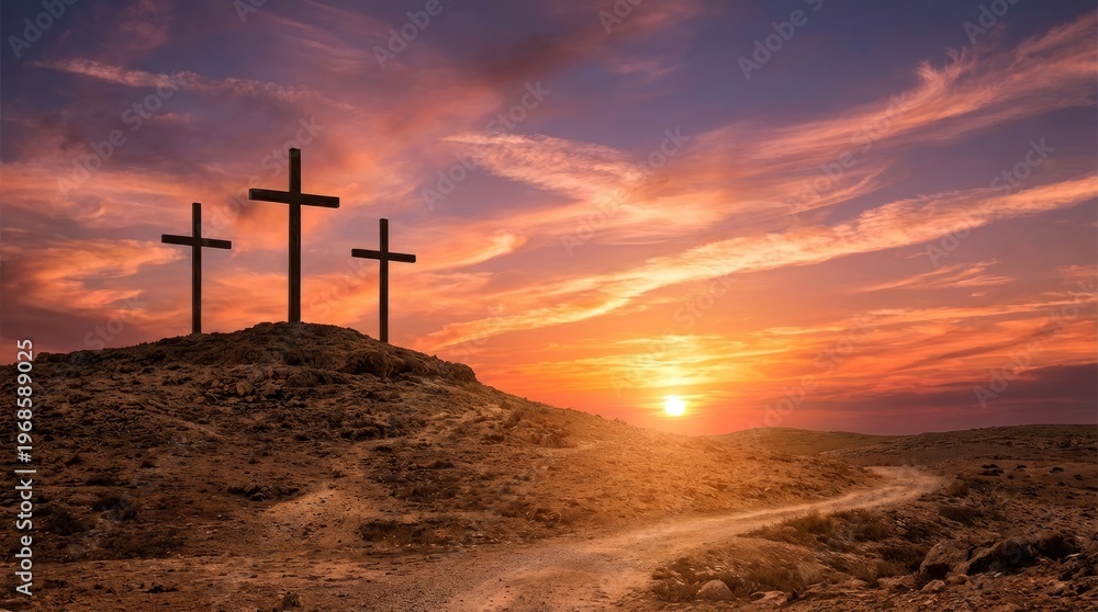 Obraz premium Silhouette of three wooden religious crosses above the hill against a dramatic sky and sunbeams at sunset or sunrise. Religious symbol of good Friday.