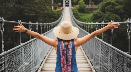Adventure travel woman with arms outstretched on suspension bridge in lush forest