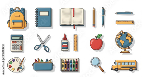 School Supplies Illustration - Backpack, Notebook, Calculator, and More for Education.