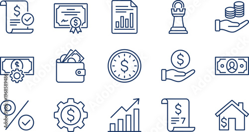 Mental health and business finance line icons set, cognitive psychology, financial strategy, brain function, money management, therapy, investment, and emotional intelligence.