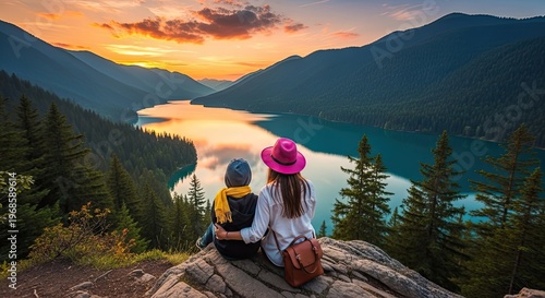 Epic mountain travel woman in pink hat enjoying breathtaking lake and mountain views during adventure