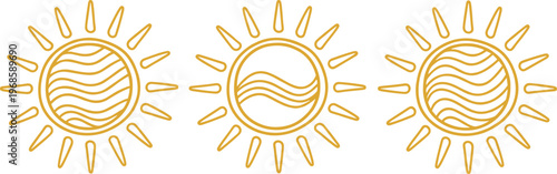 Sun Outline Icon Set with Abstract Wave Lines for Weather Symbols, Summer Design, Minimal Nature Graphics, and Line Art Illustration Collection
