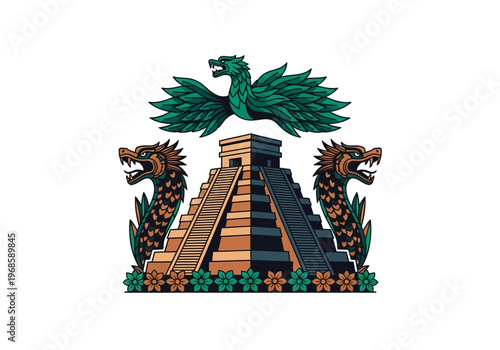 Mayan Pyramid Temple Illustration with Quetzalcoatl Feathered Serpents and Green Quetzal Bird, Ancient Mexican Mythology Graphic Art