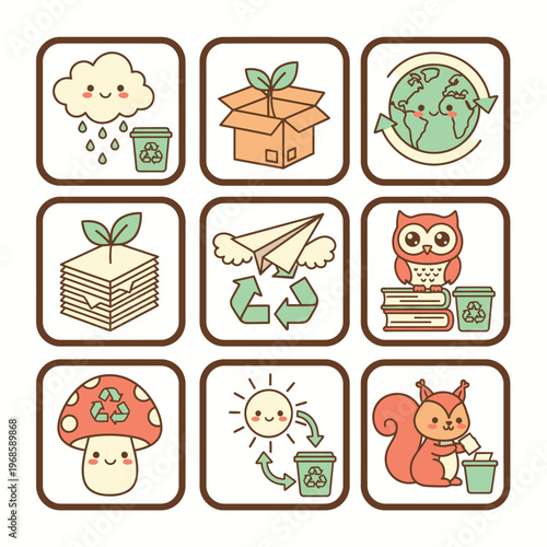 Cute Eco-Friendly Icons Representing Nature and Recycling.