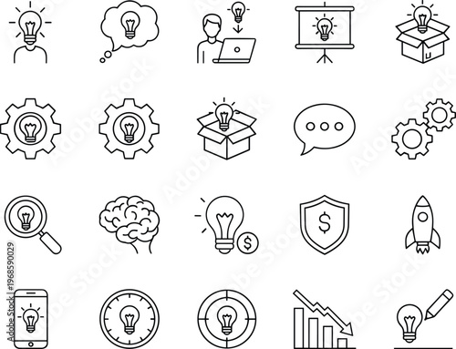 Creative idea and innovation line icons set featuring lightbulb gears rocket growth chart brain startup concept symbols for modern business design vector