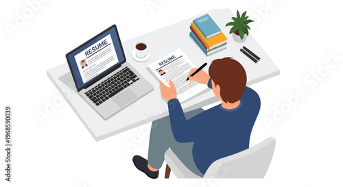 Person Writing Resume at Desk with Laptop