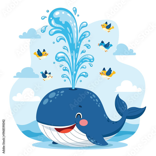Cute cartoon whale spouting water joyfully.