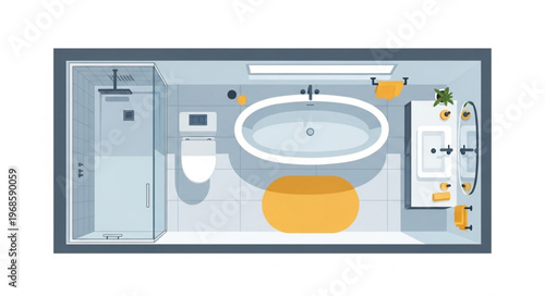 Bathroom Layout with Shower, Toilet, Bathtub, and Sink.