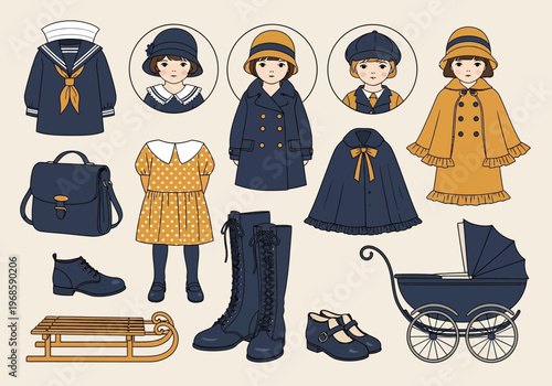 Vintage Retro Children's Fashion Illustration Set with Sailor Suit, Winter Coat, School Bag, Wooden Sled, and Baby Pram
