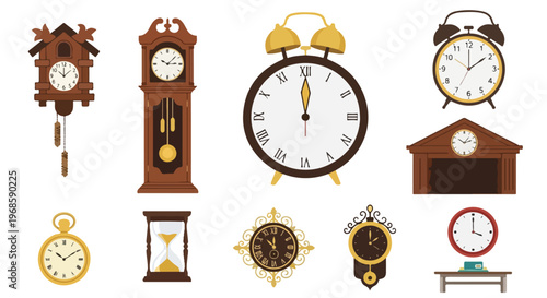 A diverse collection of antique and modern timekeeping devices, including cuckoo clocks, grandfather clocks, alarm clocks, and an hourglass.