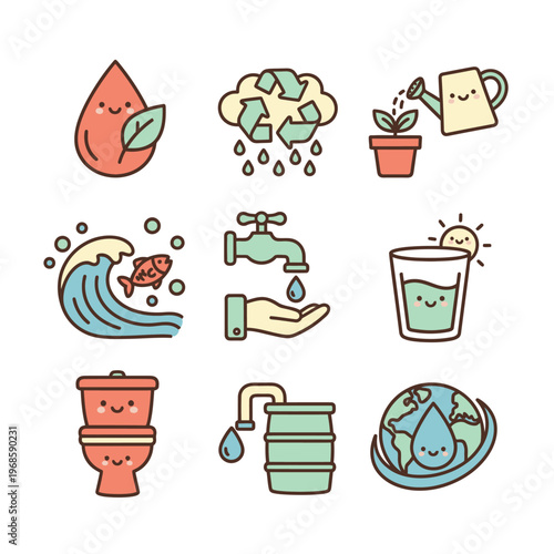 Cute Environmental Icons Representing Water Conservation and Recycling.