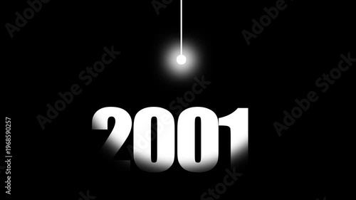 2001 Historical Date Animation with Swinging White Light Bulb in Dark Background, Early 21st Century & Technology Concept, Historical Year Motion Graphic, Minimalist Typography Background