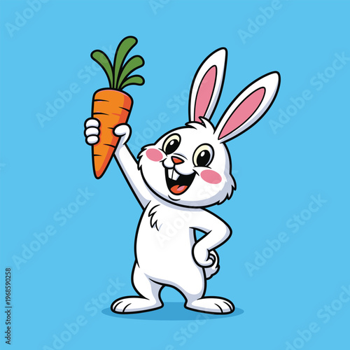 Cute cartoon white rabbit holding a carrot.