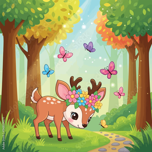 Cute Fawn Adorned with a Crown of Flowers.