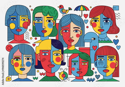Colorful Abstract Cubist Illustration of Diverse Human Faces in Modern Art Style for Community and Inclusion Concept