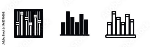 Black Equalizer and Bar Chart Icons Set. Vector symbols for audio levels, sound mixing, or data visualization.