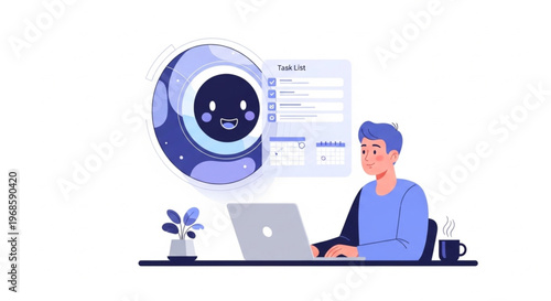 Illustration of a man working on a laptop with a robot and interface elements nearby in a modern workspace setting