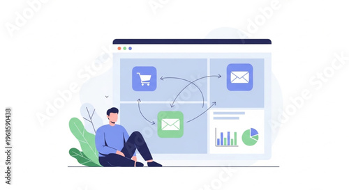 A man sits cross-legged on the floor in front of a large computer screen with ecommerce and email icons