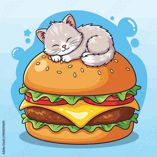 Cute Fluffy Kitten Sleeping Peacefully on a Delicious Burger.