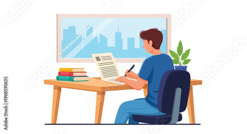 Young Student Writing on Paper at Desk in Modern Home Office