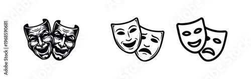 Drama Theater Masks Icon Set: Comedy and Tragedy Symbols in Various Styles