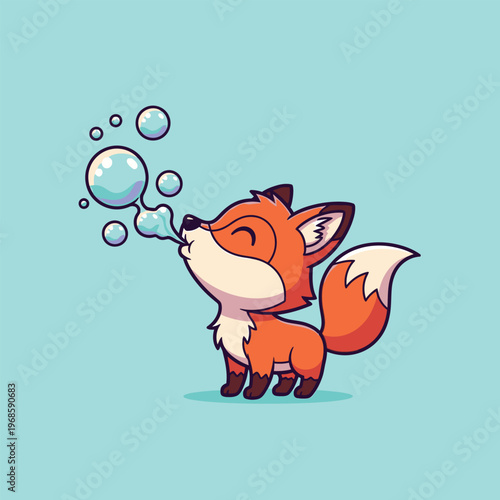 Cute Fox Blowing Bubbles Cartoon Illustration.