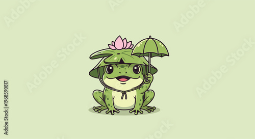 Cute Frog Wearing Lotus Flower Hat and Holding Umbrella.