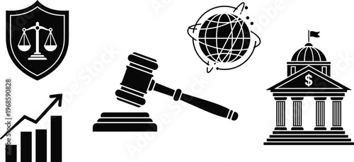 Finance law and global business icon set featuring gavel bank graph globe shield silhouette collection isolated on white background