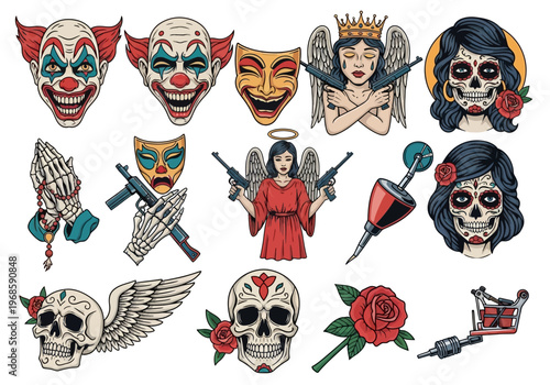 Chicano Style Tattoo Flash Collection with Evil Clowns, Sugar Skulls, Angels, Skeleton Hands, and Roses