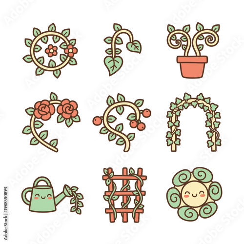 Cute Garden Elements Collection with Plants and Tools.