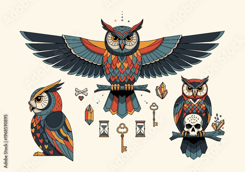 Mystical Owl Illustration Set in Neo-Traditional Tattoo Style with Skull, Keys, and Hourglass Symbols