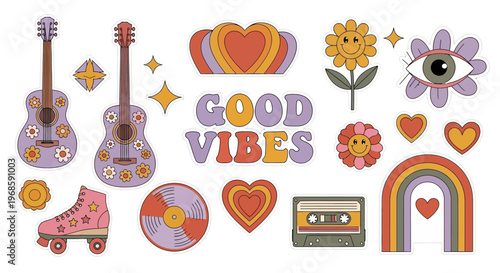 Retro Groovy Sticker Set with 70s Hippie Elements, Vintage Acoustic Guitars, Roller Skates, Cassette Tape, and Good Vibes Typography