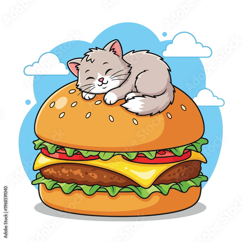 Cute cat sleeping on a delicious hamburger illustration.
