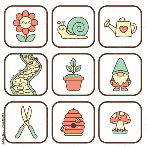 Cute Garden Icons Set Featuring Flower Snail Watering Can Path Plant Gnome Scissors Beehive Mushroom.