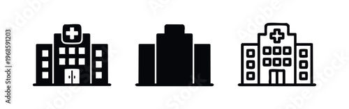 Hospital building icons set. Healthcare, medical center, and clinic symbols. Vector illustration of health facilities.