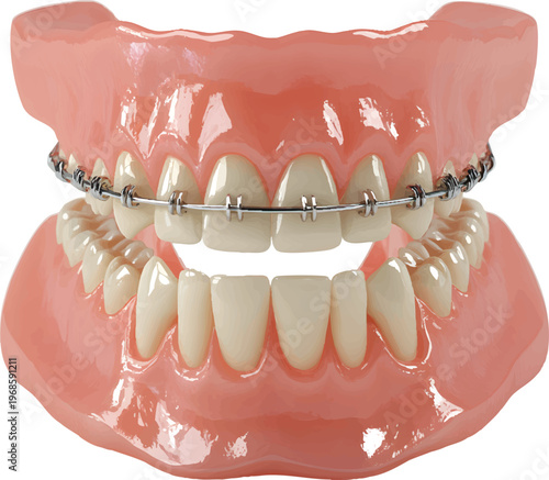 dental model of lower teeth with two braces on a transparent background