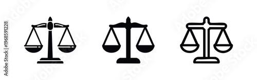 Scales of justice icons set. Law, legal, and balance symbols. Vector illustration representing fairness and equality.