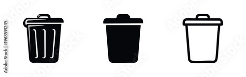 Trash can icons set. Recycle bin, delete, and waste disposal symbols.