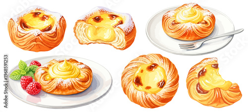 カスタードデニッシュの水彩風イラストセット｜クリームパン・カフェスイーツ素材
