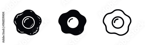 Fried egg icons set. Collection of various breakfast food symbols in black and white.