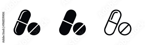 Medicine Pills and Capsule Icon Set, Pharmacy Drug Symbols for Healthcare and Medical Concepts