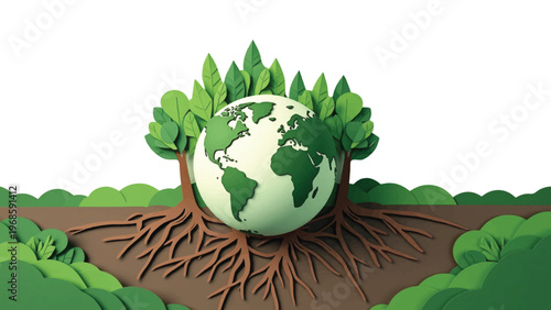 Eco friendly earth, green globe with roots, environmental conservation vector