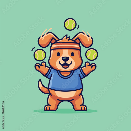 Cute Dog Juggling Tennis Balls Cartoon Illustration.