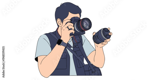 Professional photographer changing camera lens for photography session