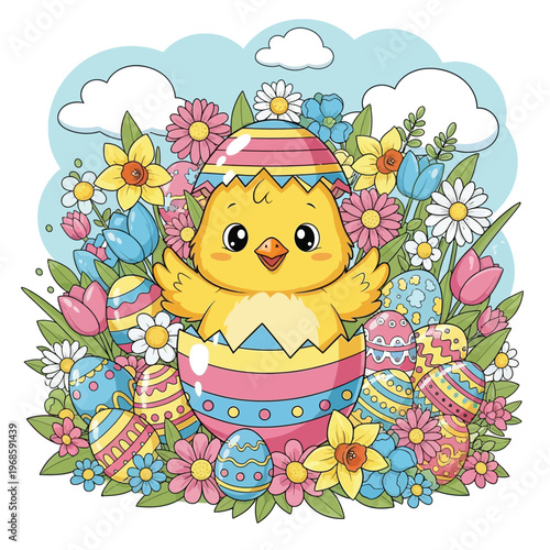 Cute Easter chick hatching from colorful egg surrounded by flowers.