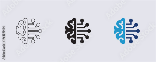 Artificial Intelligence, digital brain or AI brain circuit icon. These icons are commonly used in technology, robotics, and science contexts to denote intelligent digital solutions. a human brain
