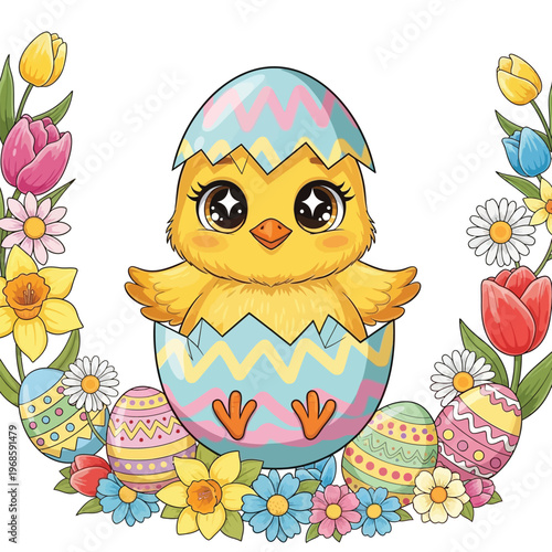 Cute Easter Chick Hatching from Decorated Egg.