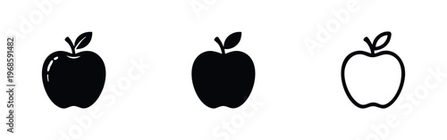 Fresh Apple Fruit Icon Set with Stem and Leaf, Healthy Eating Food Symbol for Nutrition and Produce